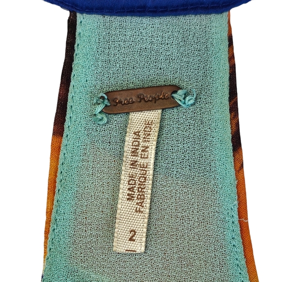 FREE PEOPLE Silk Beads Rhinestones Ruffles Blue & Orange Watercolor Halter Dress - Picture 3 of 16